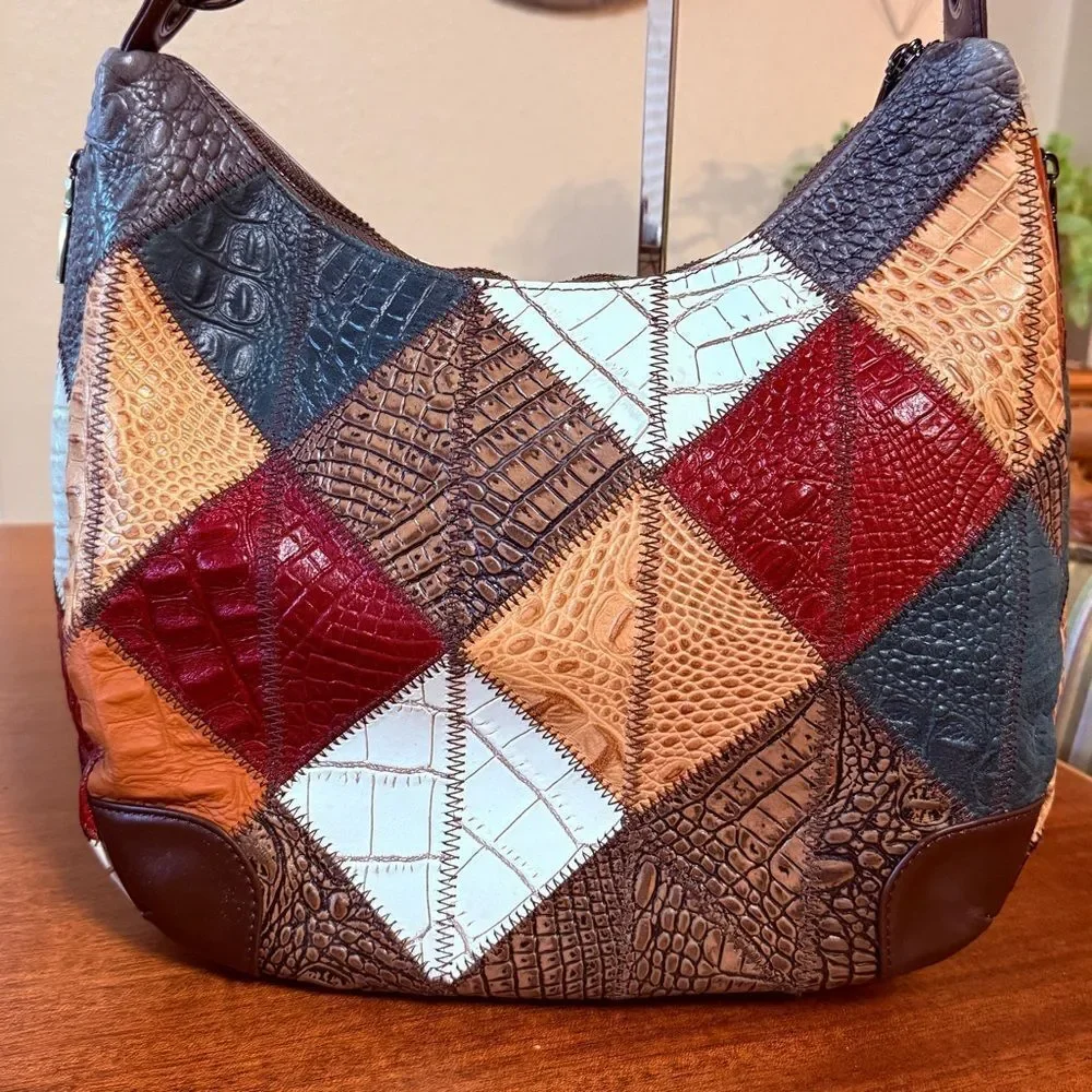 Cobble Legend Patchwork Leather Hobo Bag Brown Red White Blue Crossbody Strap
